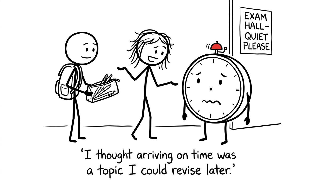 A student negotiates with a giant alarm clock outside an exam hall while another arrives calmly with a clear pencil case