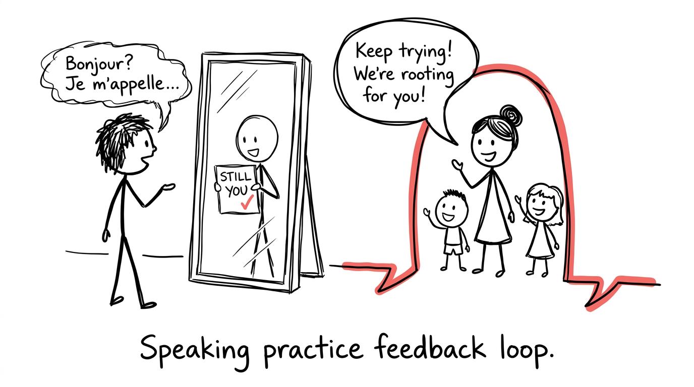 A learner discovers that a mirror is a limited speaking partner