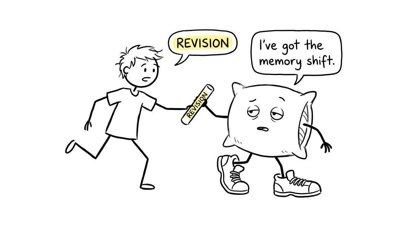 A revision baton is handed to a pillow ready to take the memory shift