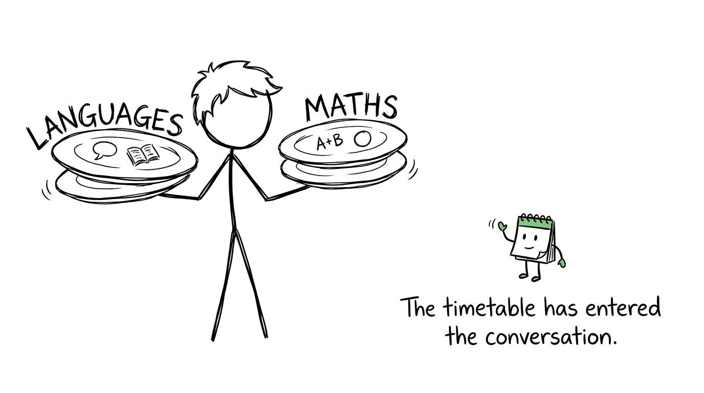 A student balances language and maths revision as the timetable politely demands attention