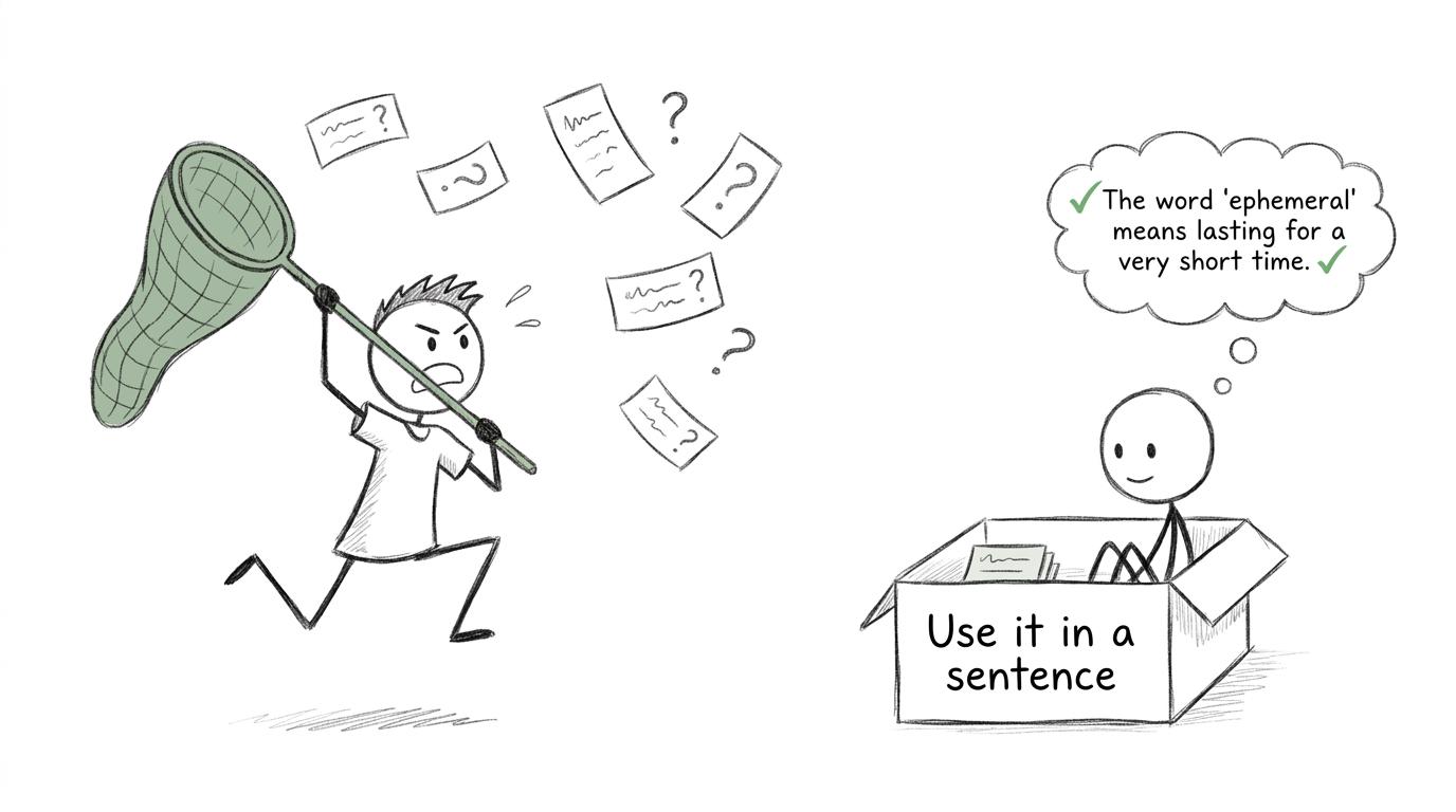 A student catching vocabulary cards while one useful card waits in a sentence box