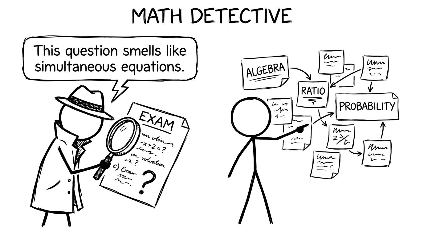 A detective inspecting an exam paper and labelling topics