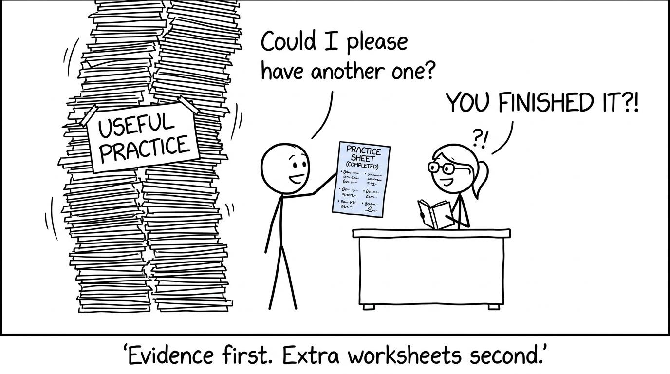 A student shows completed work before requesting another practice sheet