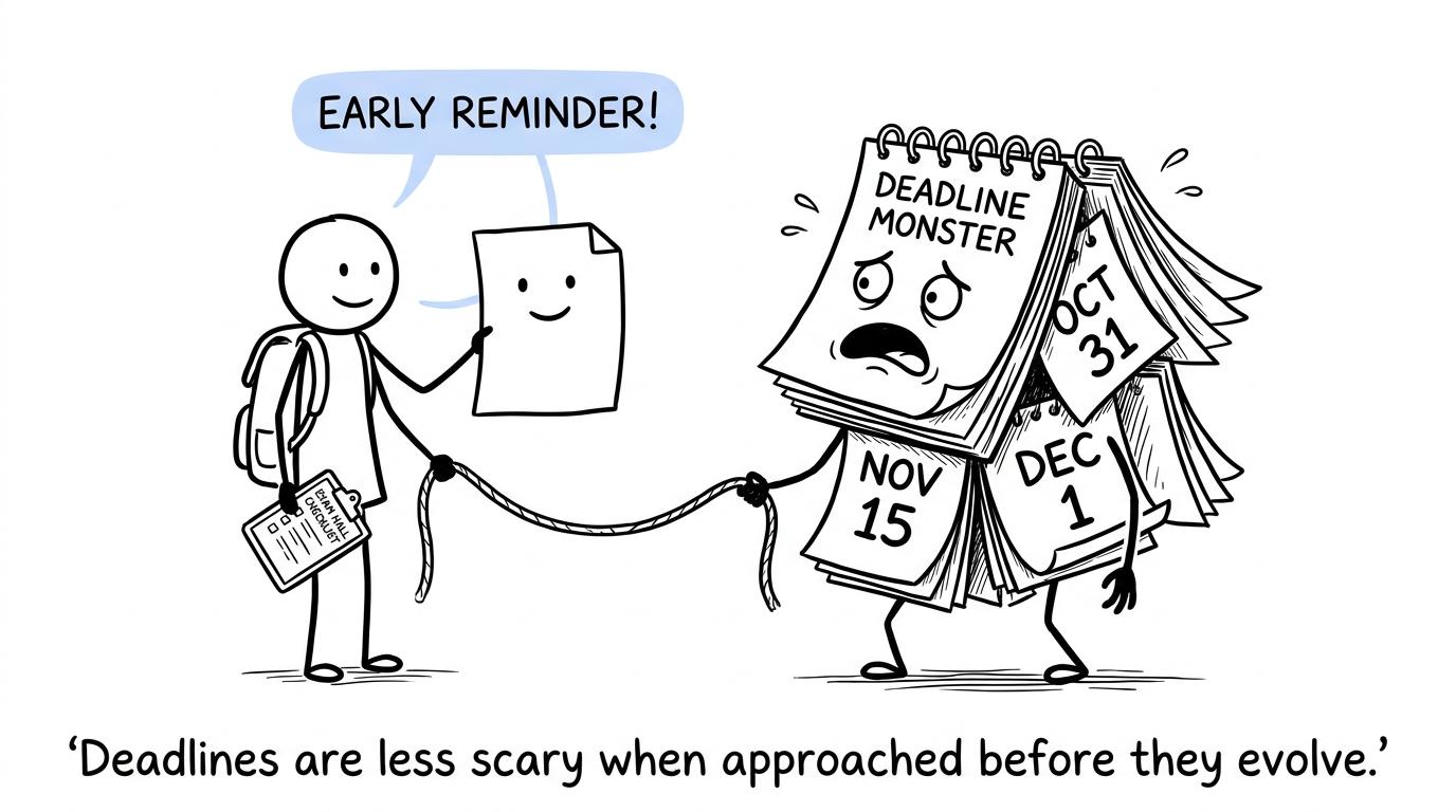 A prepared student calmly defeats a calendar deadline monster