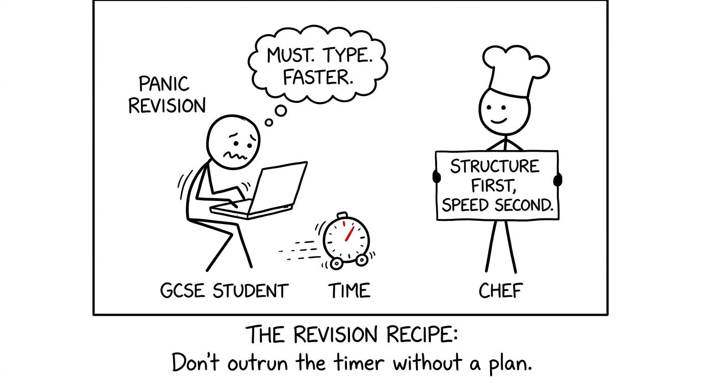 A student races a kitchen timer while a calm chef recommends structure before speed