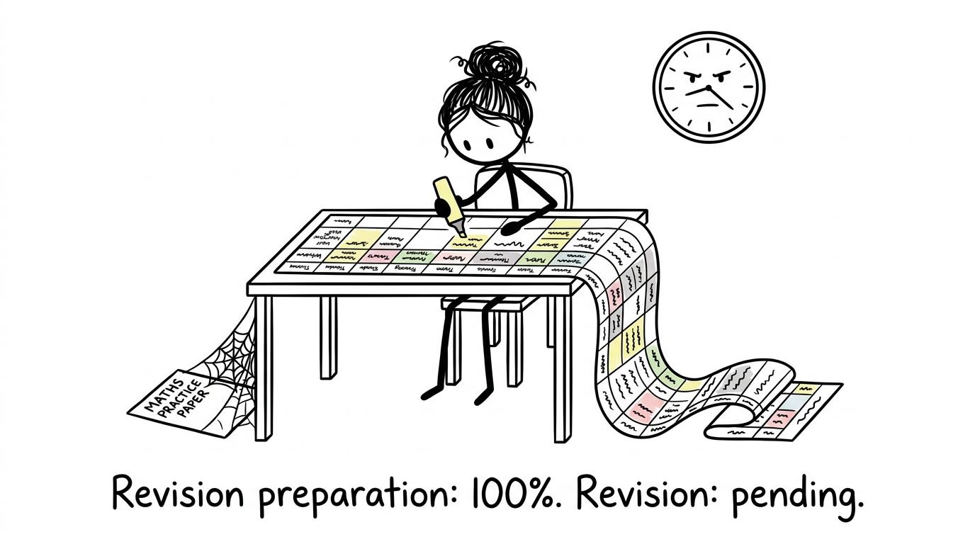 A student perfects a revision timetable while the practice paper waits