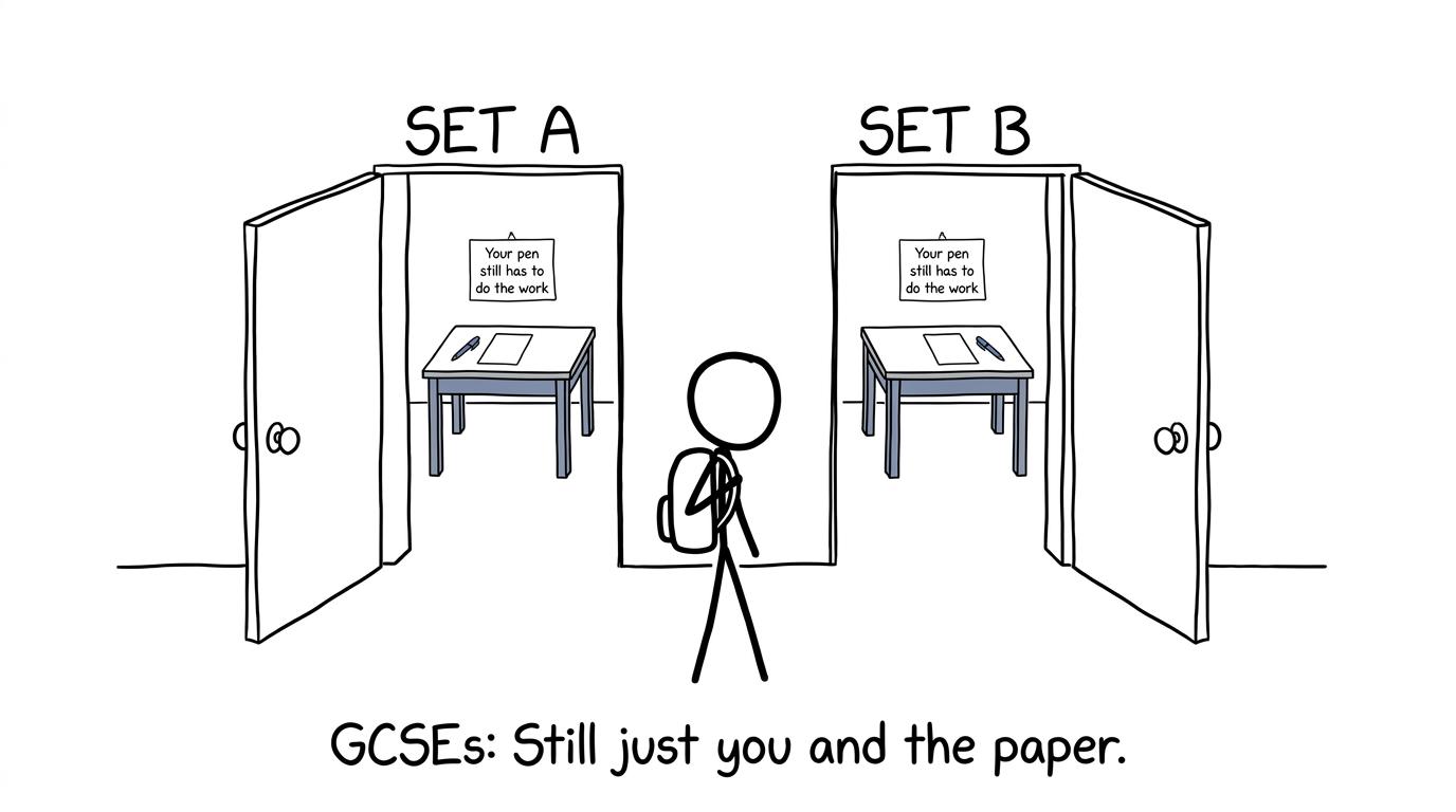 Two class-set doors leading to the same examination desk