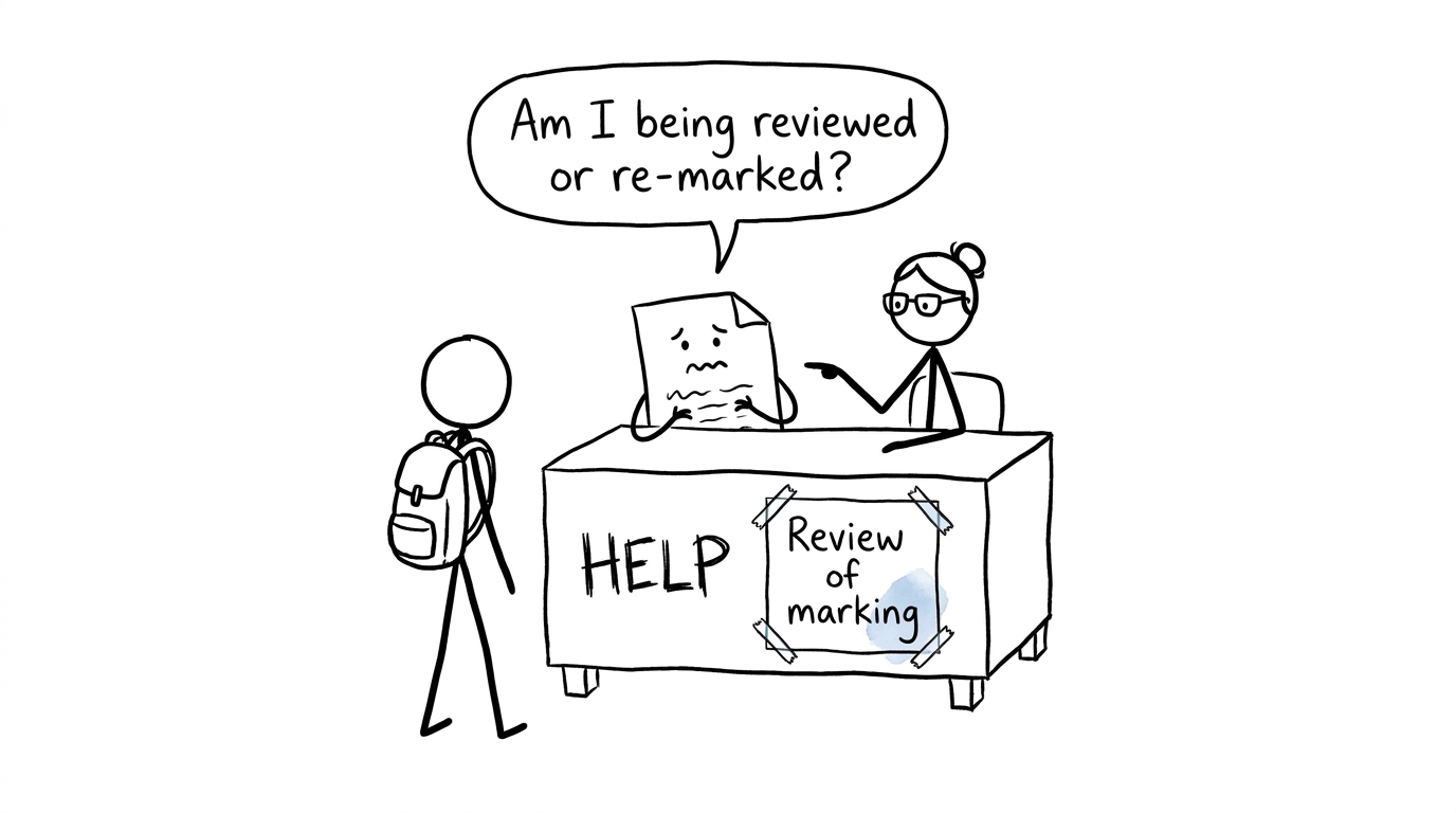 An exam paper asks whether it is being reviewed or re-marked