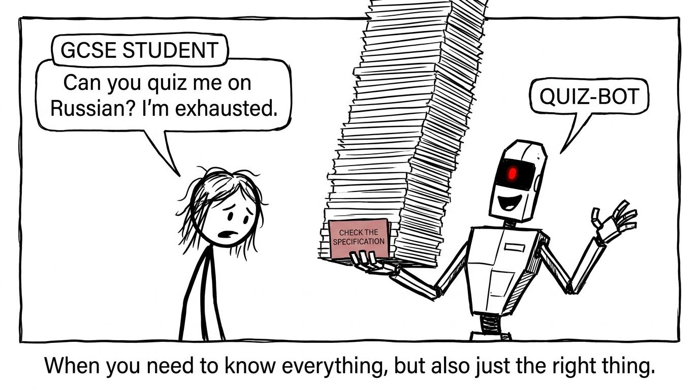 A student asks a robot for a Russian quiz and receives far too many flashcards