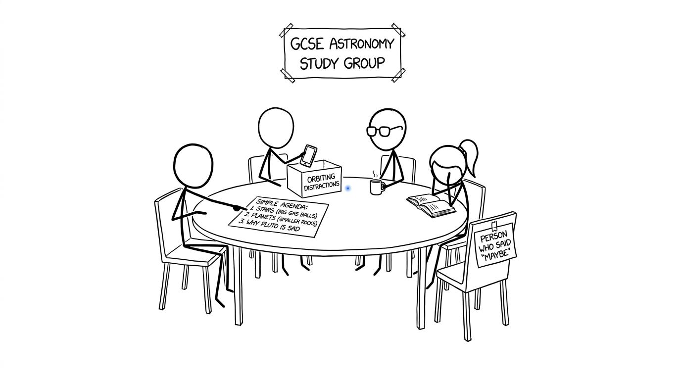 A study group puts distracting phones into orbit while waiting for the mysterious member who said maybe