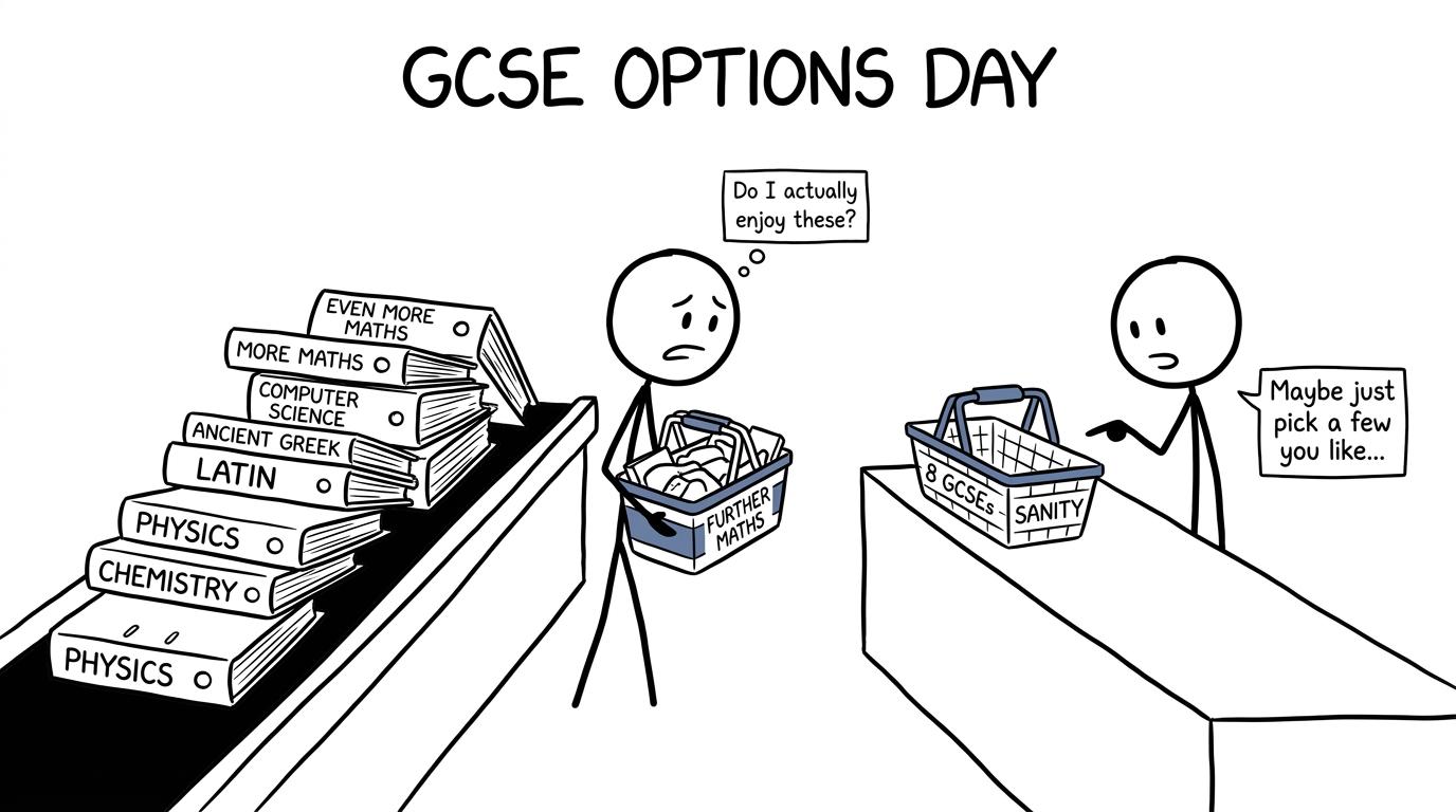 A student choosing a sensible basket of GCSE subjects rather than buying every option