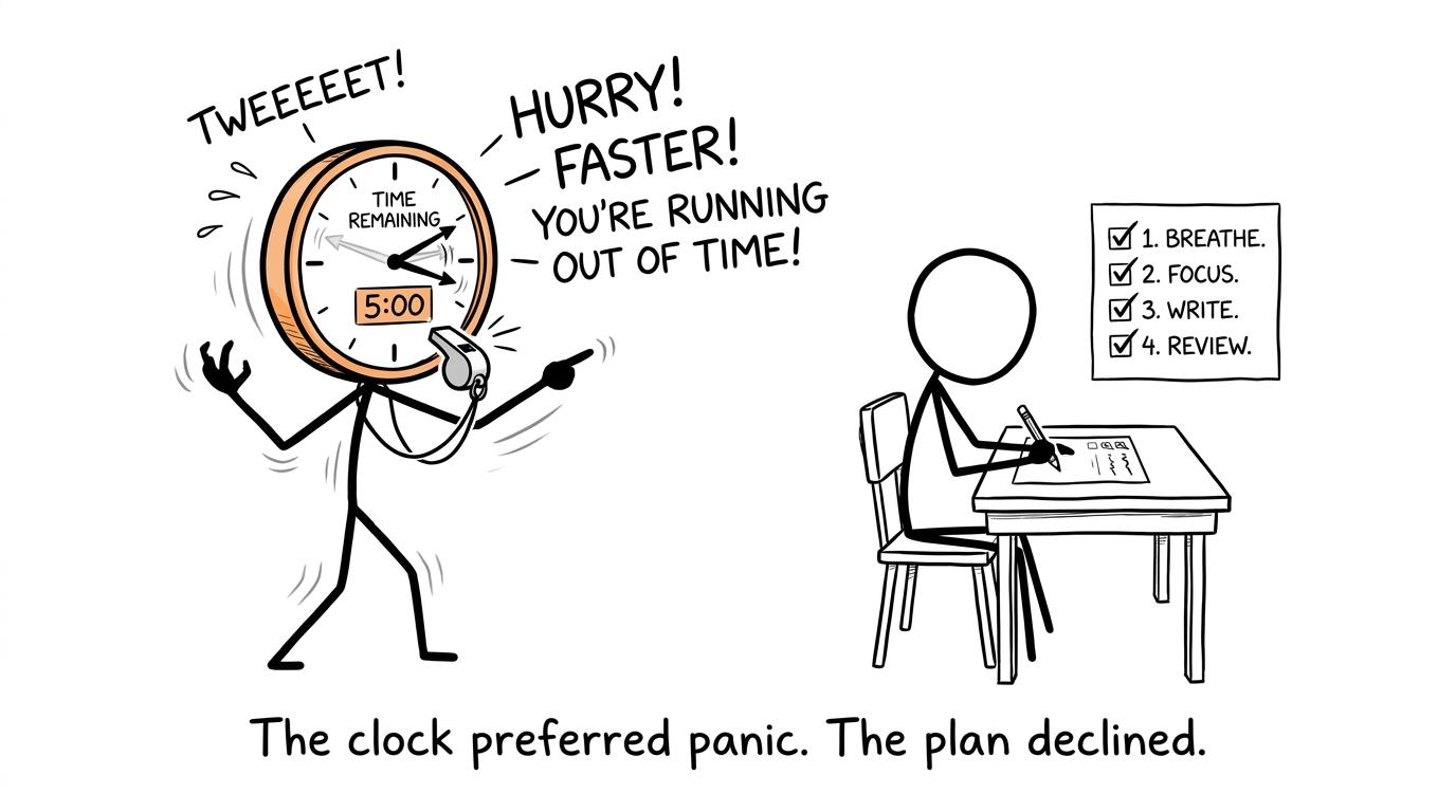 An exam clock failing to persuade a prepared student to panic