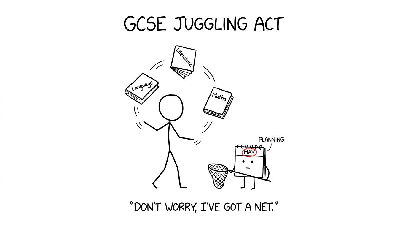A GCSE student juggles language, literature and maths while a calendar waits with a safety net