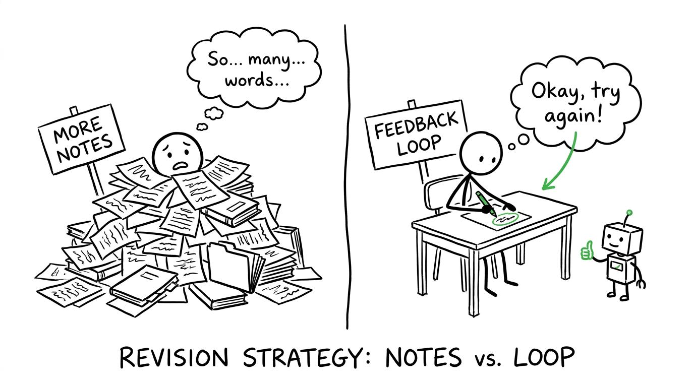 One revision desk collects notes while another uses a calm feedback loop