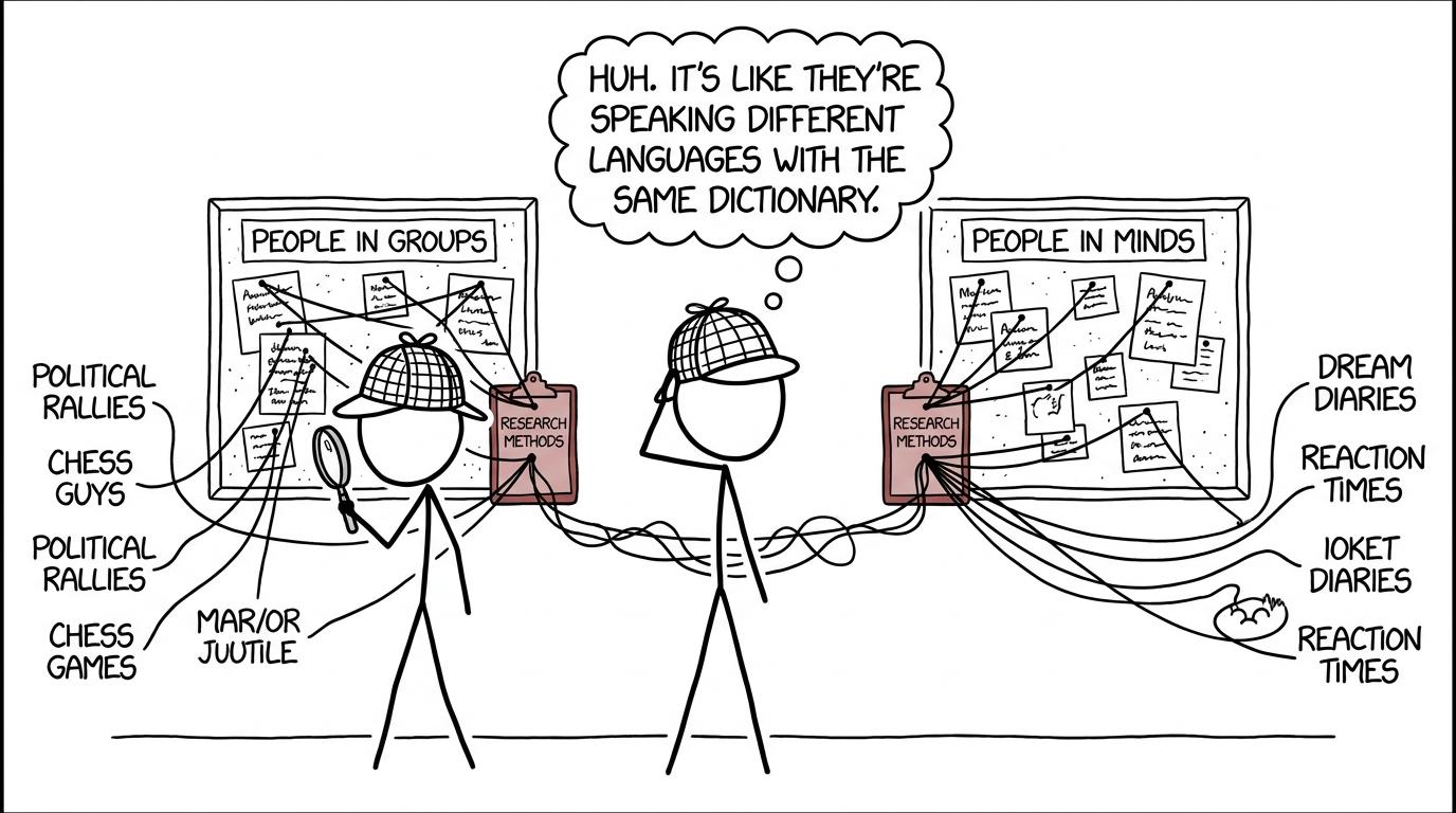 A student detective compares two evidence boards connected by research methods