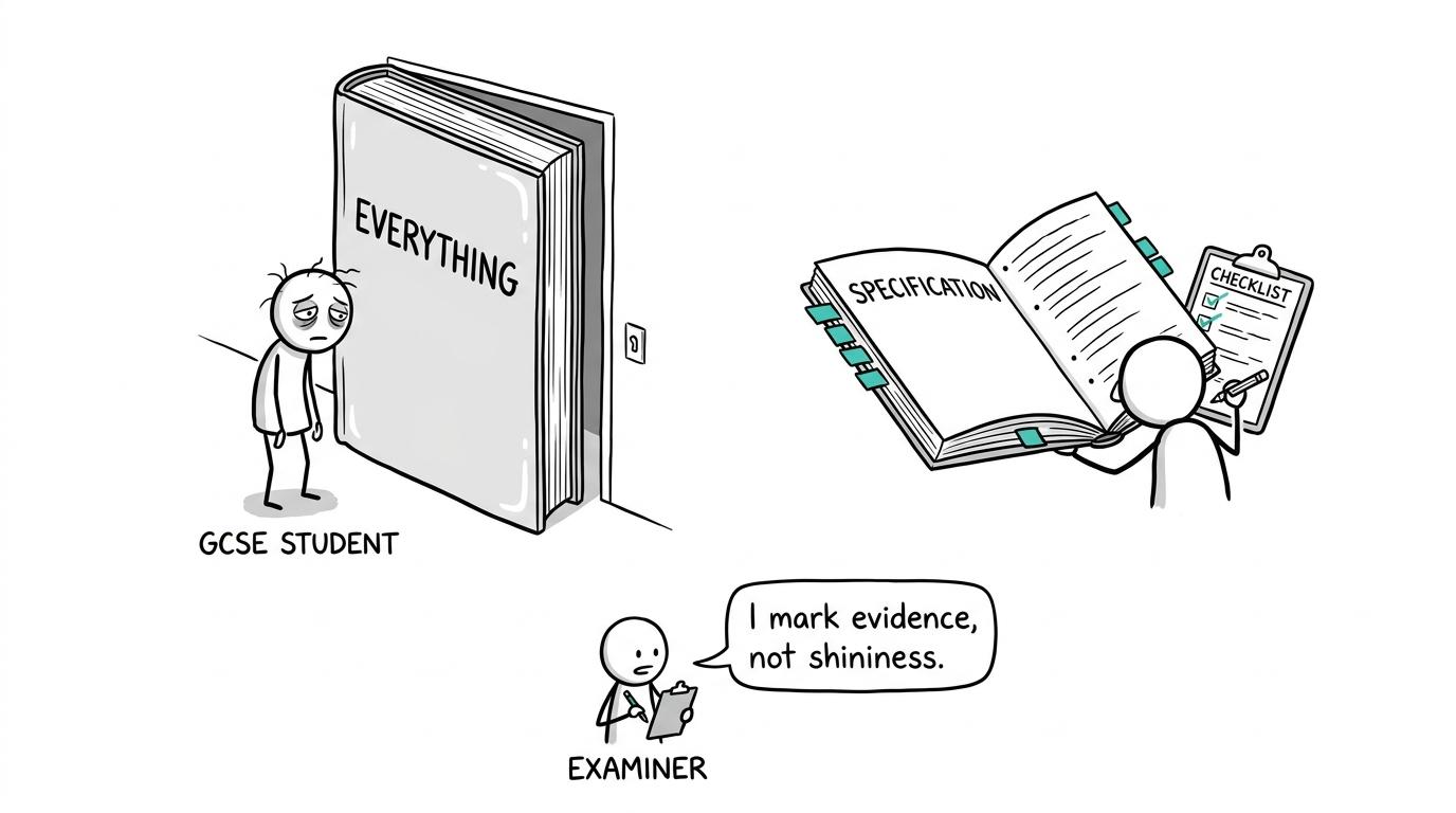 A glossy revision book competes with a specification-led guide