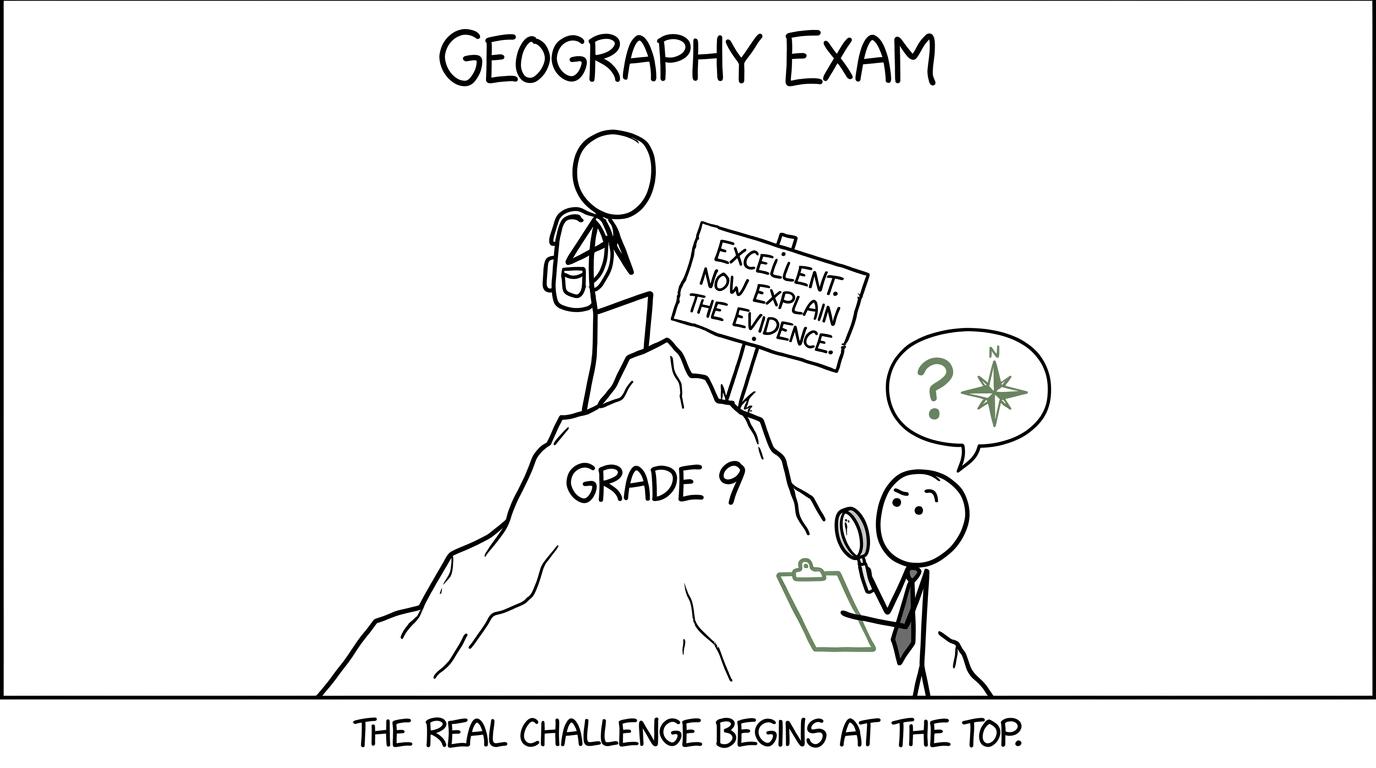 A student reaches the Grade 9 summit and meets an examiner asking for evidence