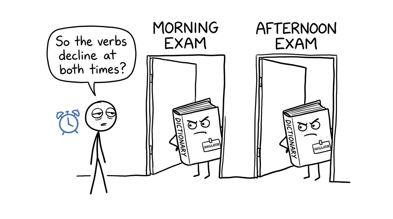 A sleepy student discovers that German verbs are equally serious in morning and afternoon exams