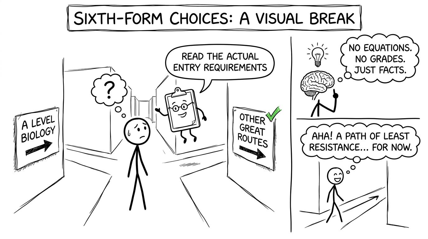A student choosing between A Level Biology and other routes while a friendly clipboard recommends checking the requirements