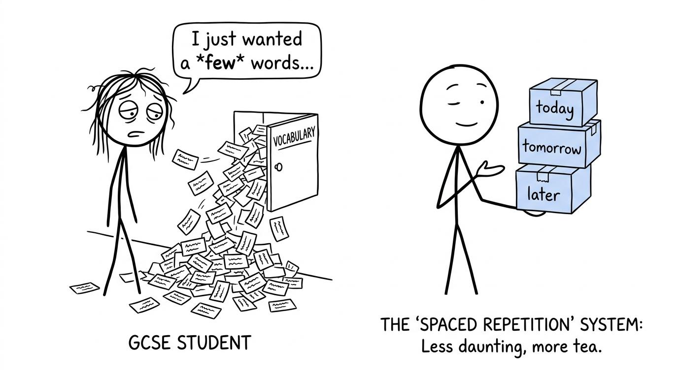 A student organising an avalanche of vocabulary cards into manageable revision boxes