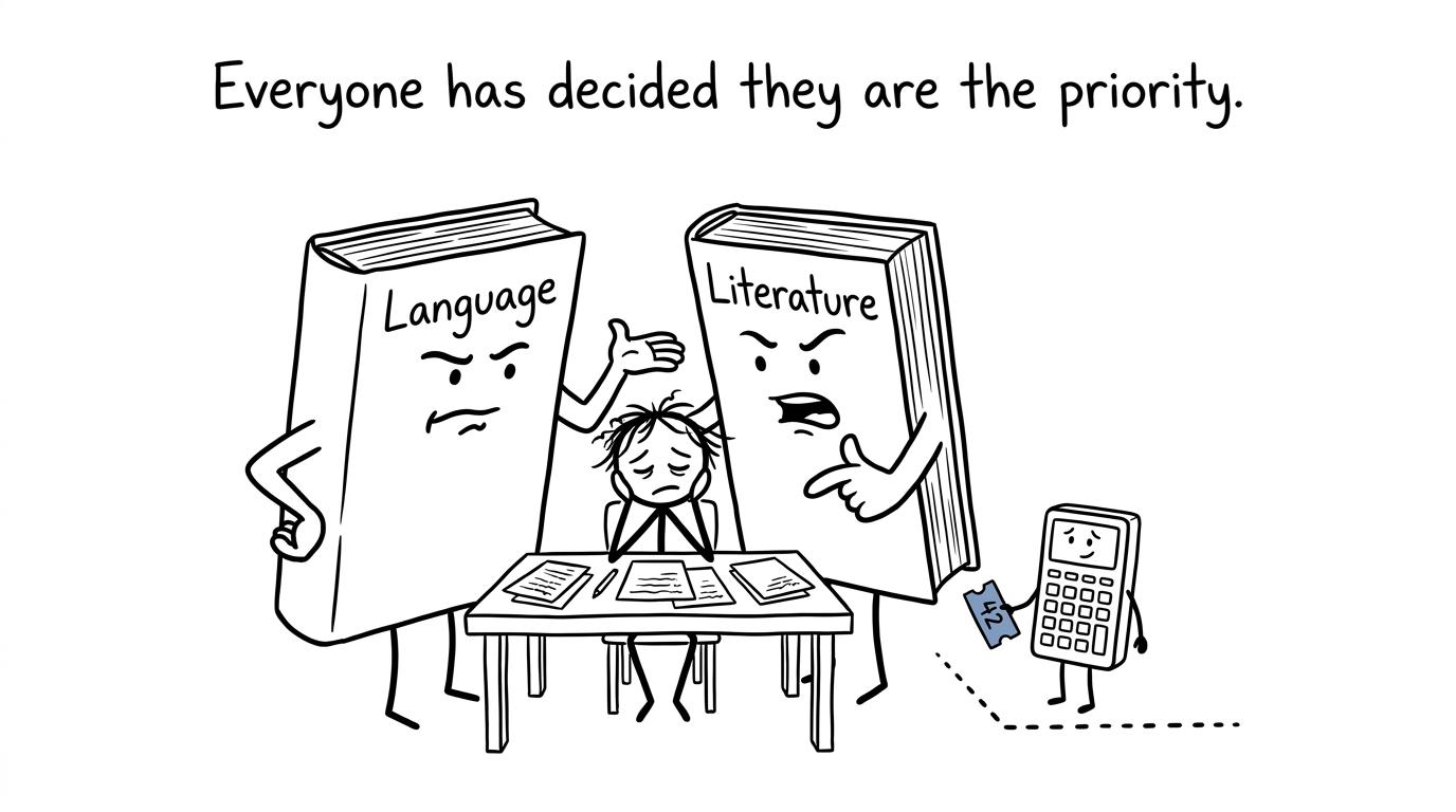 A calculator waits behind English Language and Literature books in the revision priority queue
