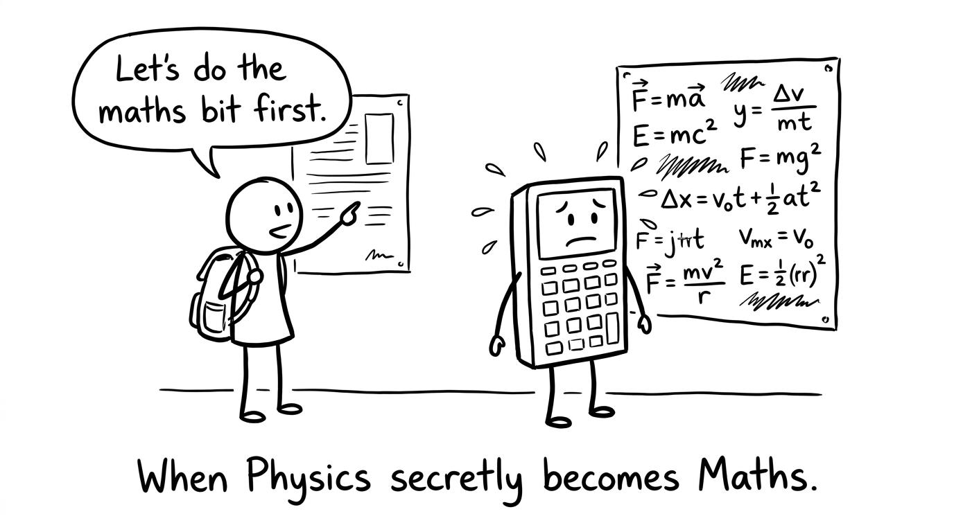 A sweating calculator facing a physics formula poster