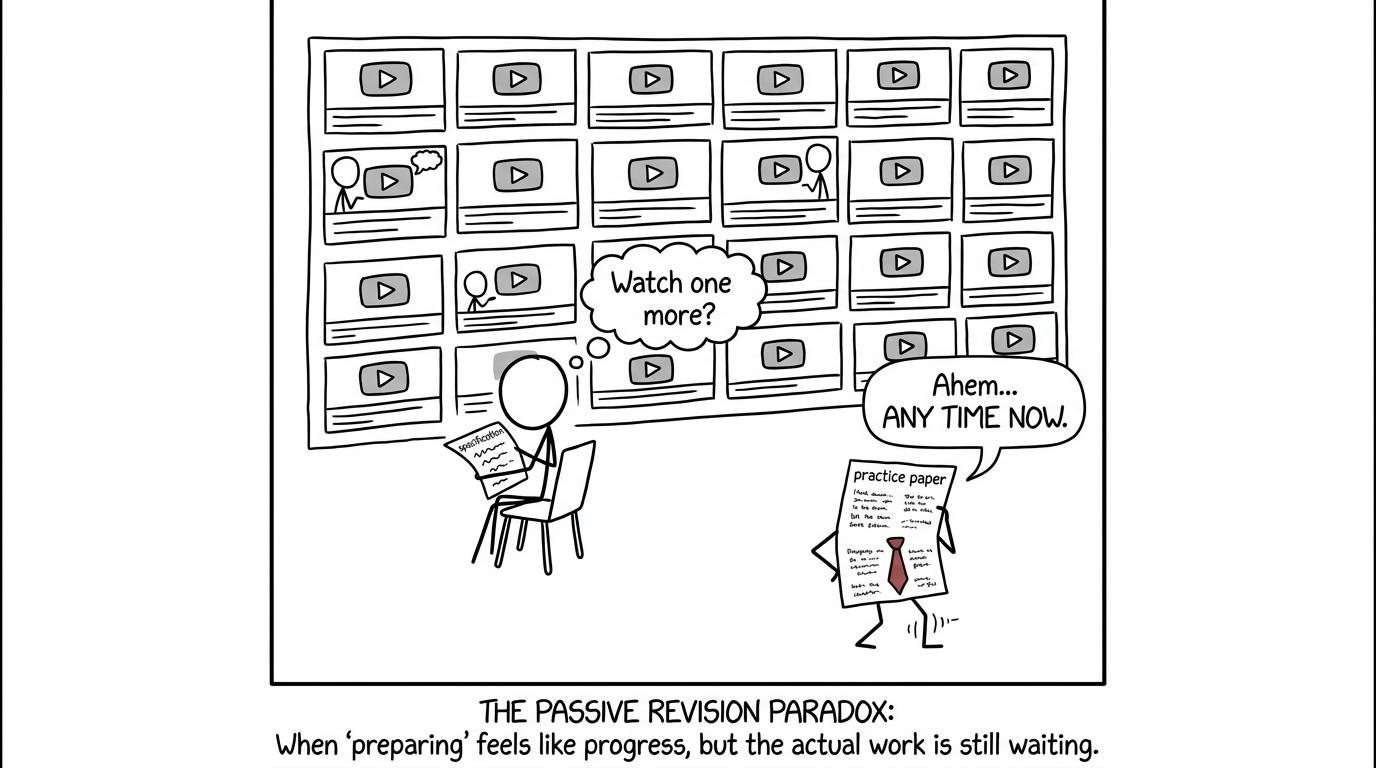 A student surrounded by video thumbnails while an unopened practice paper waits