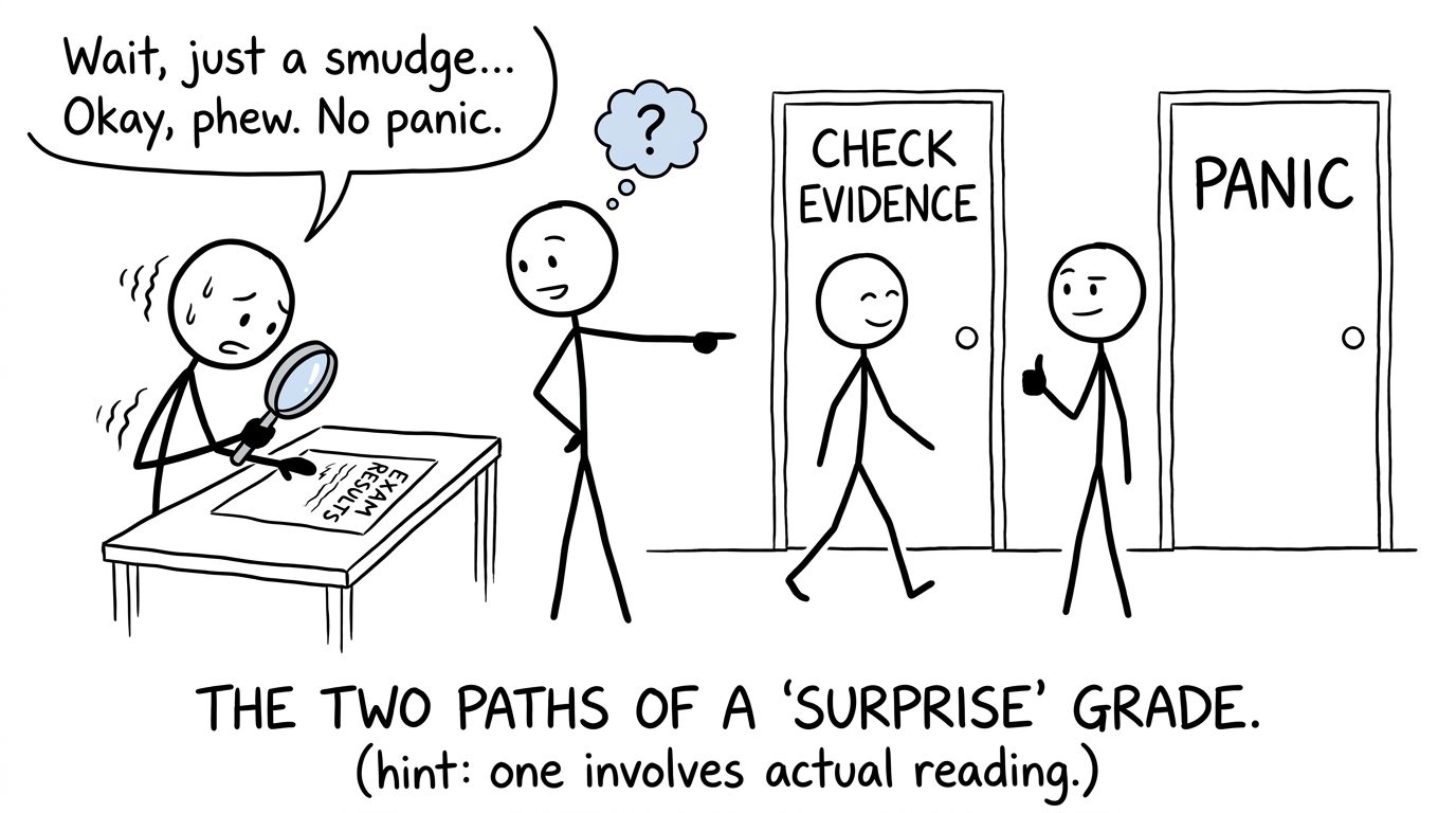 A student calmly choosing evidence over panic on results day