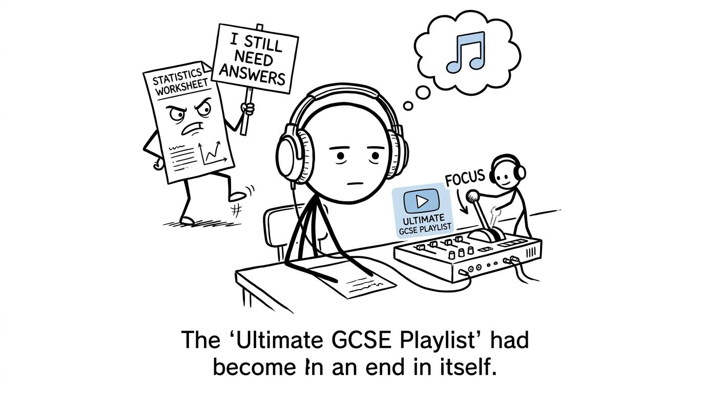 A playlist DJ promises focus while the statistics worksheet waits for answers