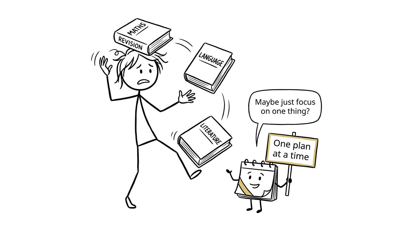 A GCSE student juggling Maths, Language and Literature revision books