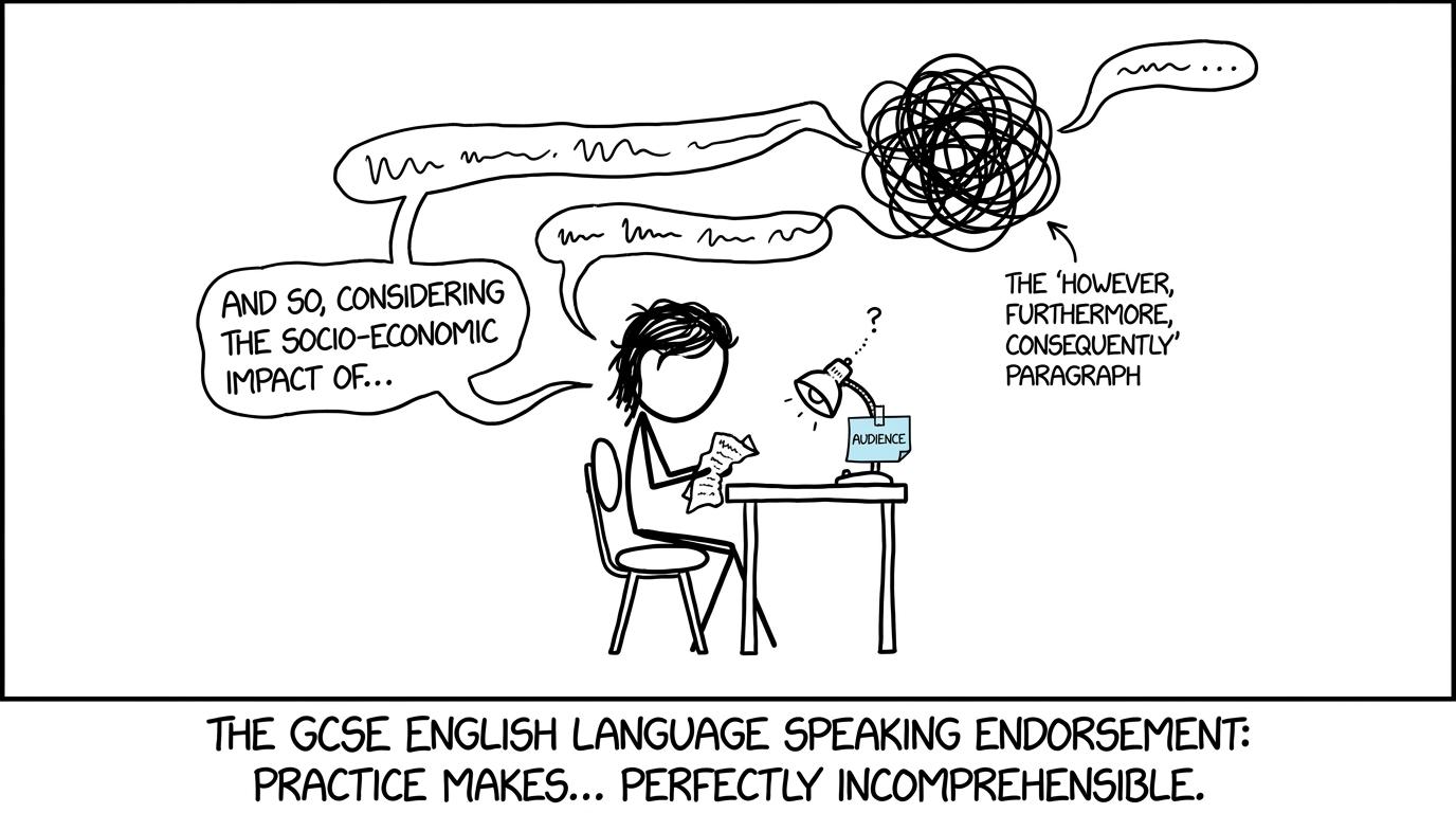 A student discovers an overlong essay sentence turning into tangled string while reading aloud