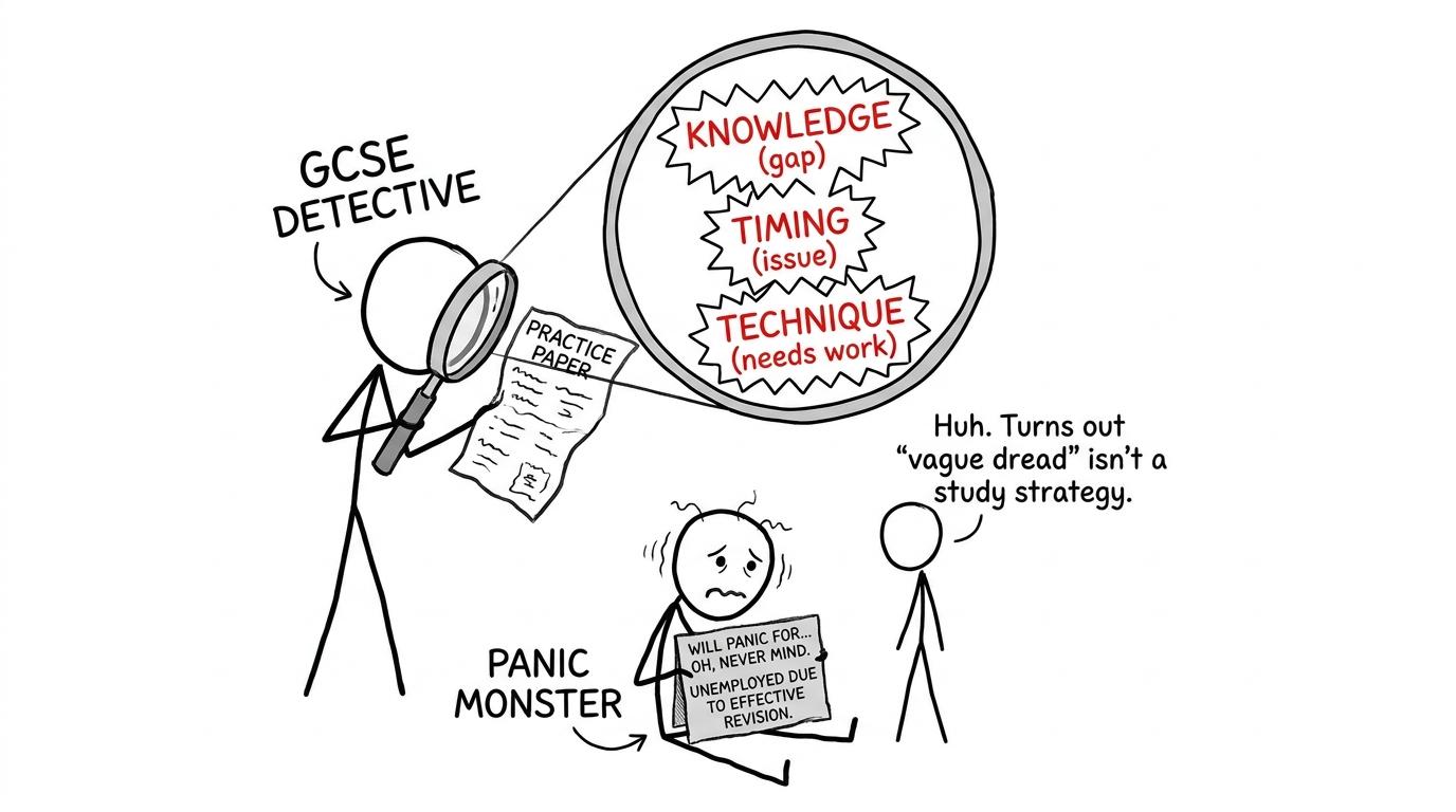 A student investigates a practice paper while the panic monster discovers it is no longer required