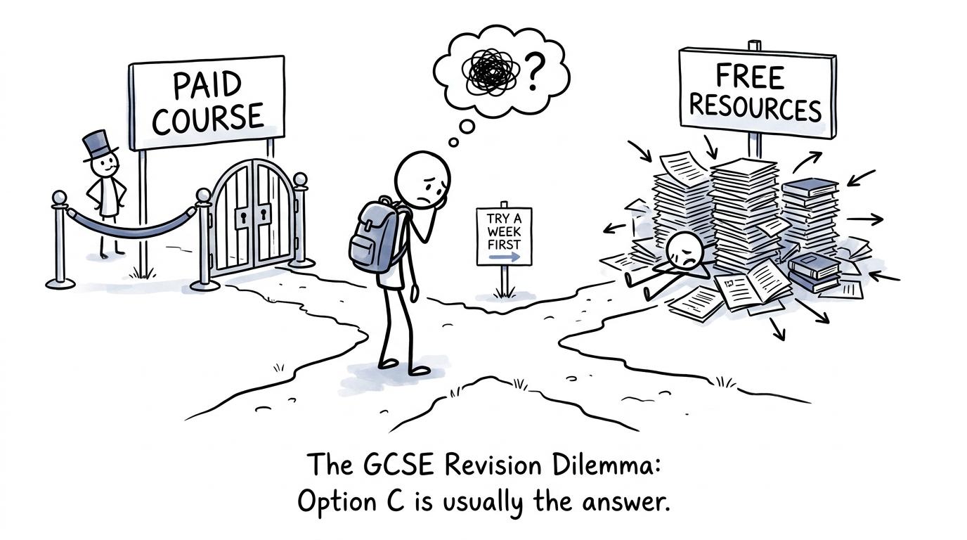 A student choosing between a paid course and free revision resources