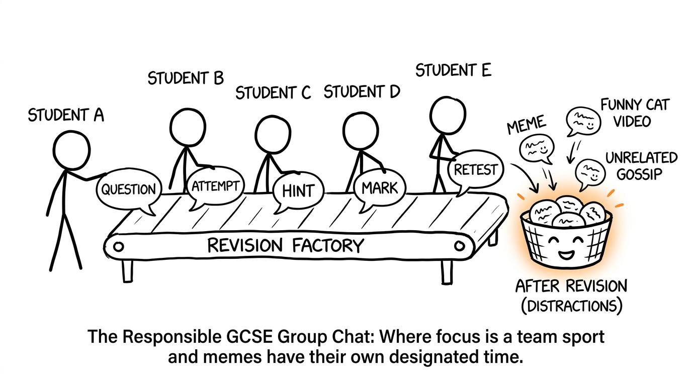 A group chat revision factory moves from question to attempt, hint, mark and retest