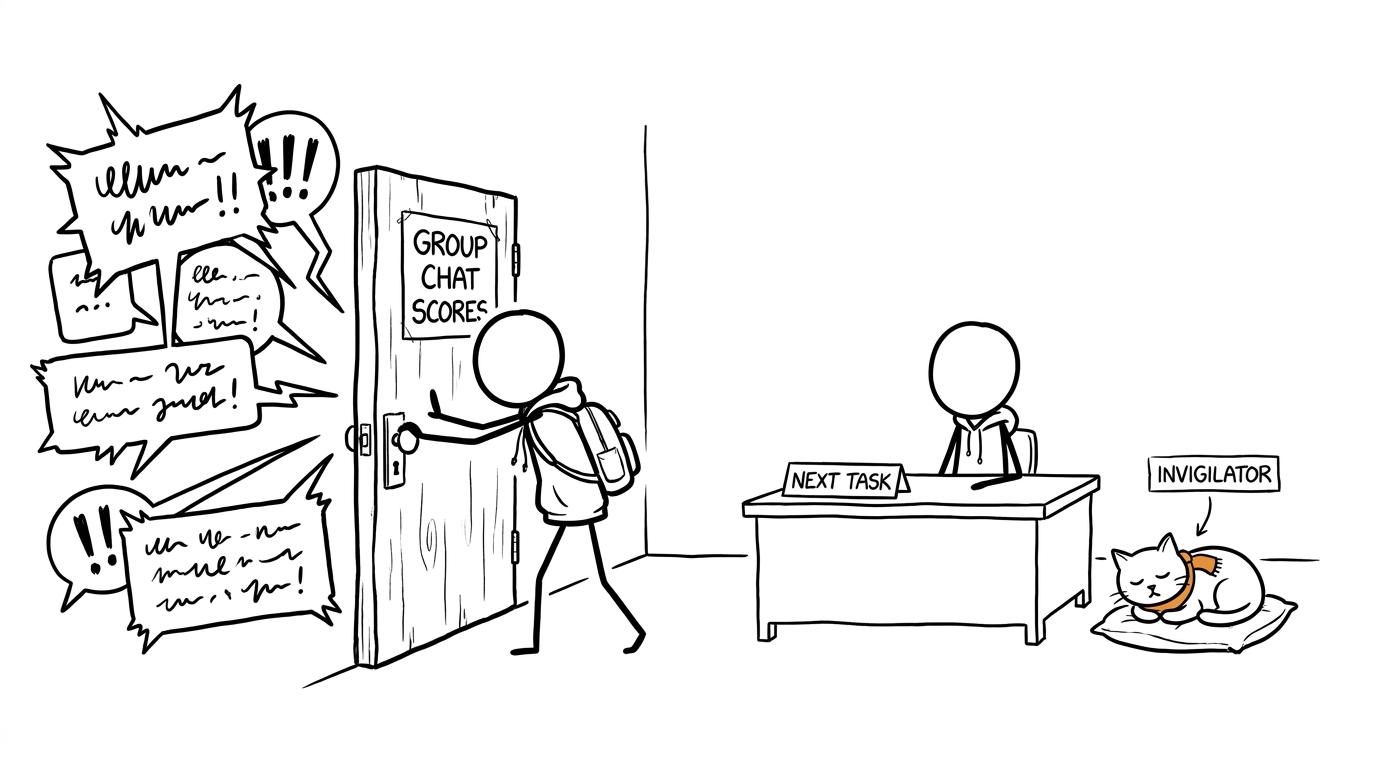 A student closes the noisy group-chat door and focuses on the next task