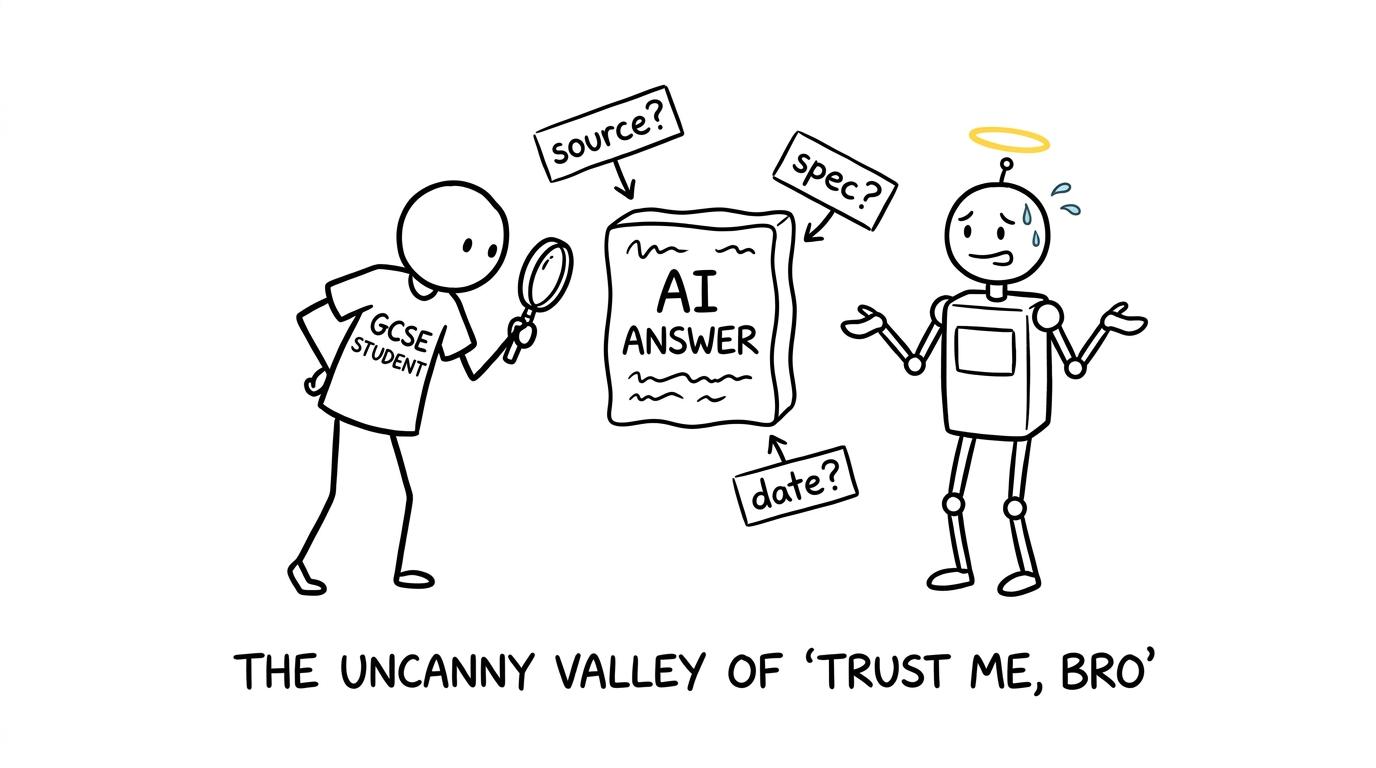 A student investigates an AI answer using clues labelled source, specification and date