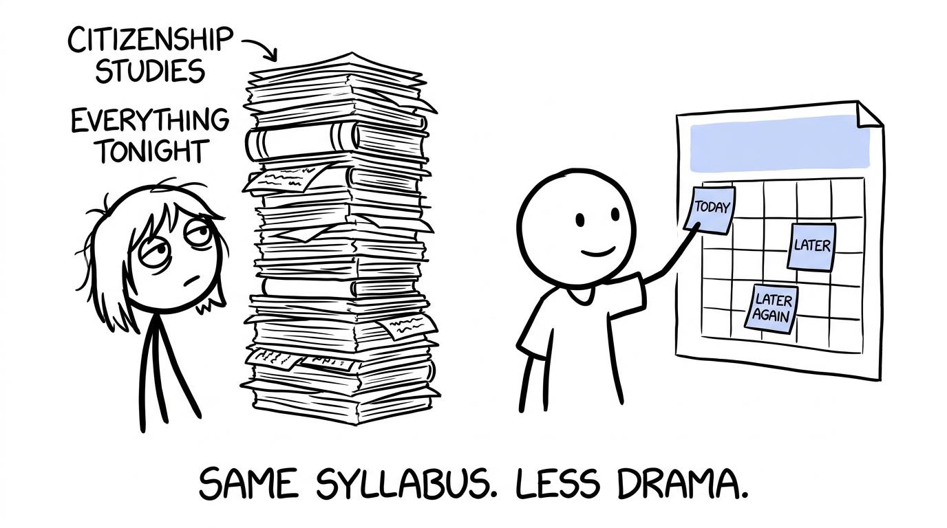 A student choosing a calm spaced revision calendar instead of a tower of notes