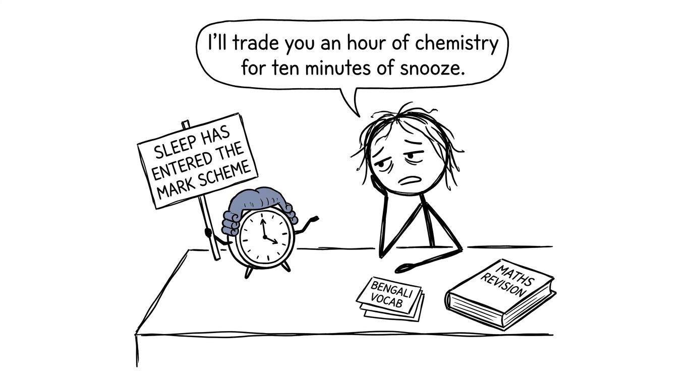 A GCSE student and an alarm clock debate whether sleep belongs in the mark scheme