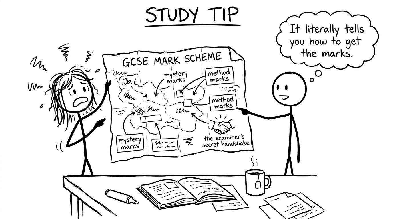 A student holding a mark scheme like a treasure map