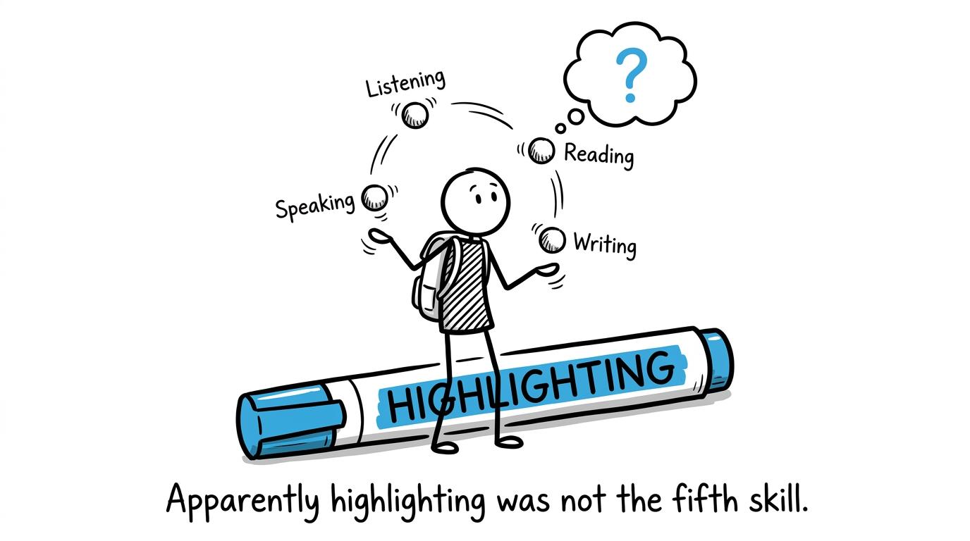 A student juggles the four German skills while ignoring an enormous highlighter