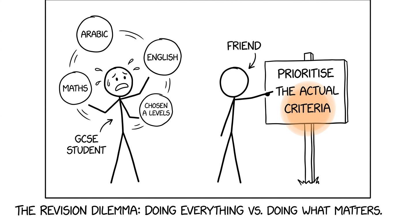 A student juggles several GCSE priorities while a friend points towards the actual criteria