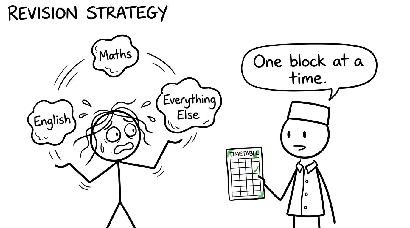 A student juggling English, maths and other subjects beside a calm revision planner