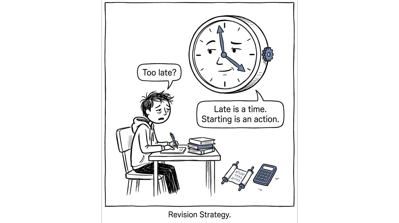 A student asks a wall clock whether it is too late to begin revising