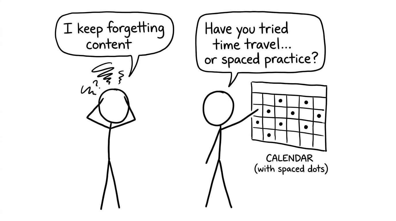 Two students arguing about forgetting and a calendar of spaced repetition