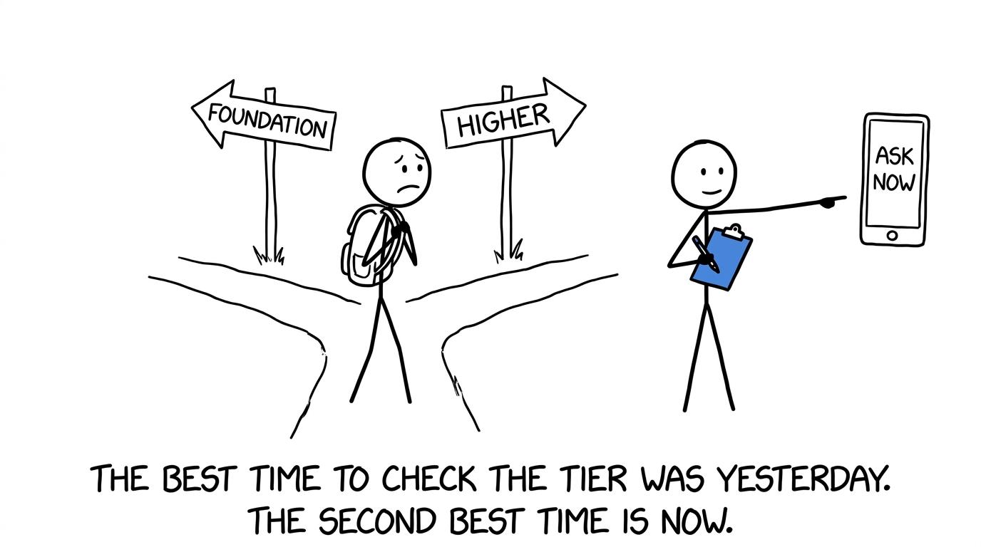 A student choosing between Foundation and Higher asks an exams officer for help