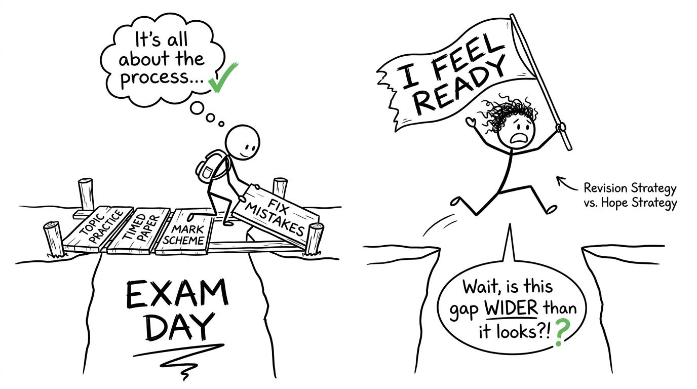A student builds a bridge to exam day from topic practice, timed papers, mark schemes and corrections