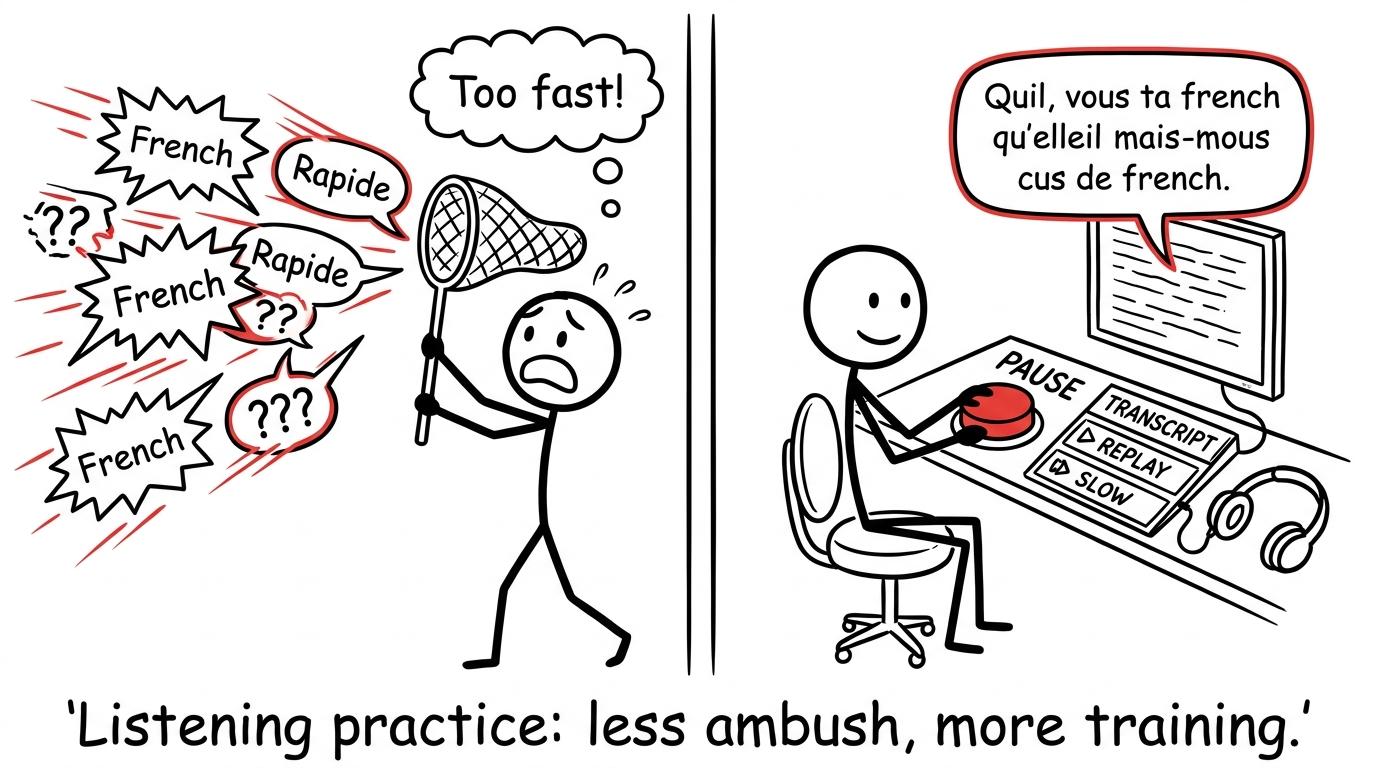 A student turning fast French listening into controlled replay practice