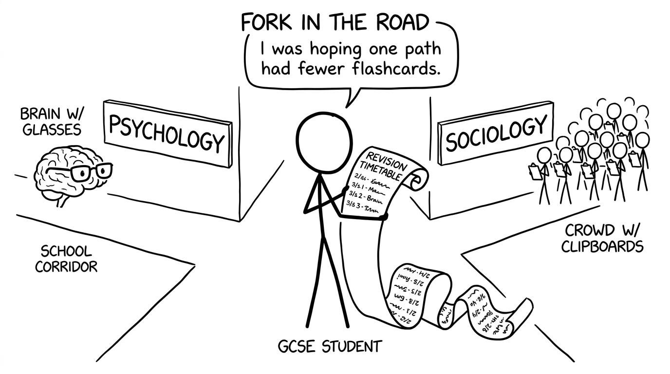A student choosing between psychology and sociology while carrying an enormous revision timetable