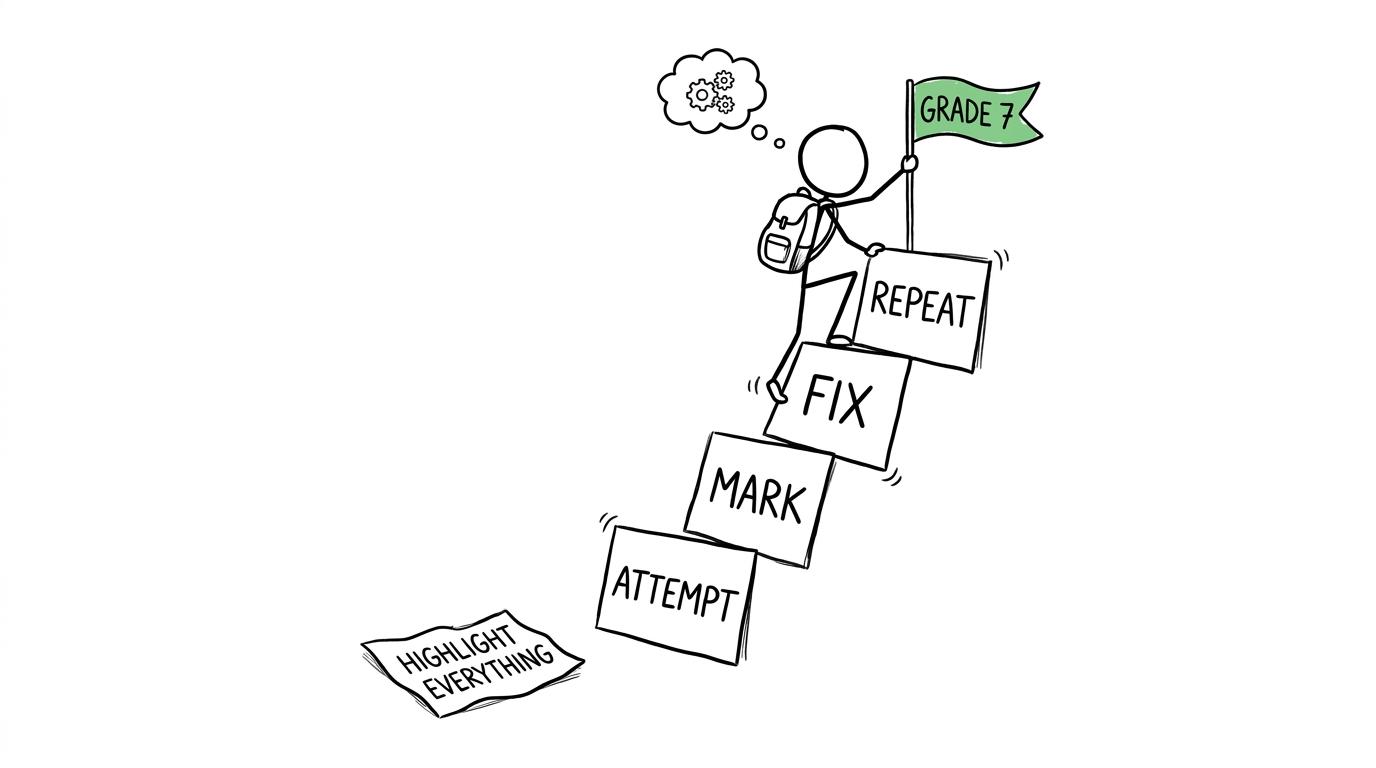 A revision staircase built from attempt, mark, fix and repeat cards