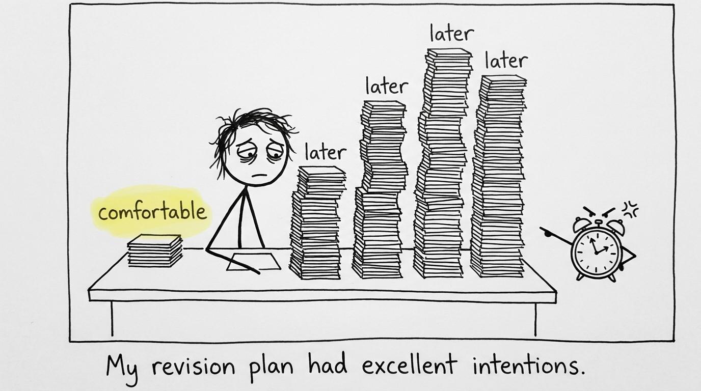 A student faces a revision plan with several neglected German topic piles